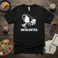 Black t-shirt with "UNTALENTED." text and a white graphic of a broken trophy with a sad character inside