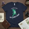Navy t-shirt with white text "UNTAMED SPIRIT THE LIZARD'S HEART" and a green gecko graphic with a purple heart and