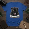 Black panther graphic with "UNTAMED WILD POWER" text on a blue t-shirt
