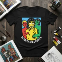 Black t-shirt with "Untitled Three Figures" text below a colorful, abstract graphic of three embracing figures