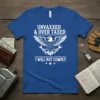 Unvaxxed & Over Taxed I Will Not Comply text with eagle graphic on blue t-shirt