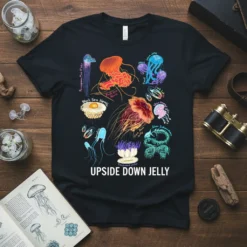 Black t-shirt featuring a colorful illustration of various Upside Down Jelly species with labels like "Black Sea Nettle" and "Cassiopea