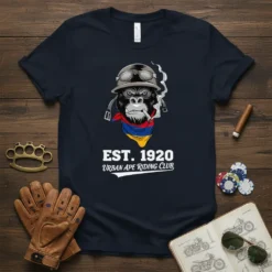 URBAN APE RIDING CLUB EST 1920 t-shirt with a gorilla wearing a helmet and smoking a cigar
