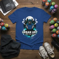 Urban Art Crew Est 2023 t-shirt featuring a person in a gas mask holding spray cans, with city skyline and