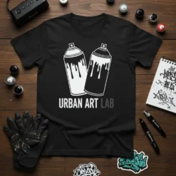 Black t-shirt with "Urban Art Lab" text and two white and black spray paint cans graphic