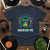 Urban Beat Ape t-shirt design featuring a stylized gorilla wearing headphones and sunglasses, with neon lines