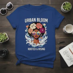Urban Bloom Rooted & Rising t-shirt design with a Black woman, floral afro, and empowering text