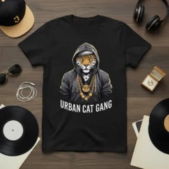 Urban Cat Gang t-shirt design featuring a leopard wearing a hoodie and gold chains, with bold white text