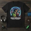 Urban Companions Future City Guardians text with two cats in a futuristic city setting on a black t-shirt