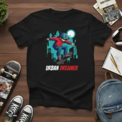 Urban Dreamer t-shirt design featuring a cartoon skateboarder performing a trick in a city scene