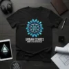 Black t-shirt featuring the URBAN ECHOES MIND'S EYE METROPOLIS design with a futuristic geometric city graphic and white text