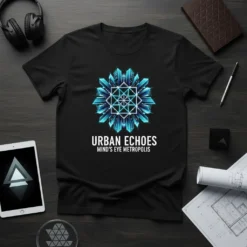 Black t-shirt featuring the URBAN ECHOES MIND'S EYE METROPOLIS design with a futuristic geometric city graphic and white text