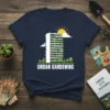 Urban Gardening t-shirt design featuring a stylized building covered in plants and the text Urban Gardening