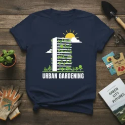 Urban Gardening t-shirt design featuring a stylized building covered in plants and the text Urban Gardening