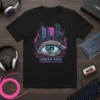 Urban Grid Cybernetic Pulse t-shirt design featuring a detailed cybernetic eye and futuristic city skyline
