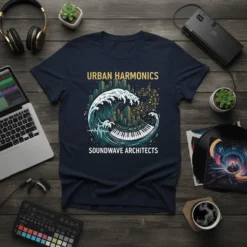 Urban Harmonics Soundwave Architects t-shirt featuring a city skyline wave and piano keys graphic
