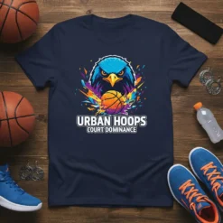Urban Hoops Court Dominance t-shirt with a blue eagle and basketball graphic, bold white text