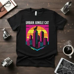 Urban Jungle Cat T-Shirt with a retro cityscape and a silhouette of a cat on top of a skyscraper