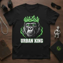 Urban King gorilla wearing a green leaf crown with glowing green eyes and "URBAN KING" text below
