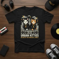 Urban Kitties Rulers of the Concrete Jungle t-shirt design with two cats and a boombox