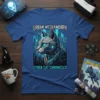 Urban Mechamorph Cyber Cat Chronicles t-shirt design featuring a robotic cat in a futuristic city