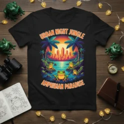 Urban Night Jungle Amphibian Paradise T-Shirt design featuring colorful frogs, palm trees, and a city skyline at sunset