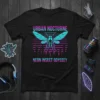 Black t-shirt featuring "URBAN NOCTURNE NEON INSECT ODYSSEY" text with a neon cyan and magenta insect graphic and city skyline