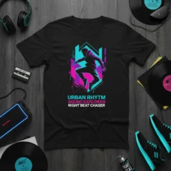 Black t-shirt featuring vibrant "URBAN RHYTHM SOUND EXPLORERS NIGHT BEAT CHASER" text and a jumping dancer graphic in neon blue