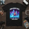 Urban Rodent Racer Turbo Charged t-shirt with a hamster riding a rocket through a neon city