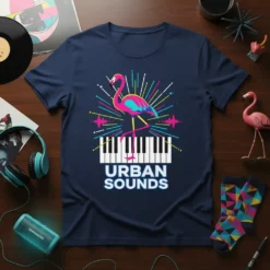 Urban Sounds t-shirt design with a pink flamingo, piano keys, and colorful soundwave graphics