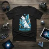 Black t-shirt with "URBAN SPIRIT TECHNOLOGY FUSION WILD FUTURE" text and a geometric white wolf howling at futuristic city buildings