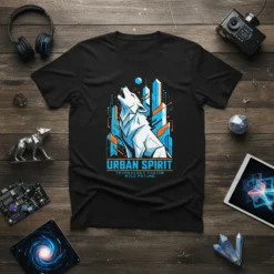 Black t-shirt with "URBAN SPIRIT TECHNOLOGY FUSION WILD FUTURE" text and a geometric white wolf howling at futuristic city buildings