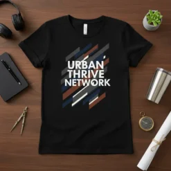 Black t-shirt with white text "URBAN THRIVE NETWORK" and abstract geometric lines in grey, navy, and rust colors