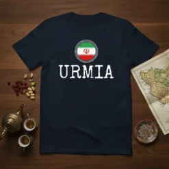 Urmia Iran city name t-shirt with Iranian flag emblem, on a navy blue tee