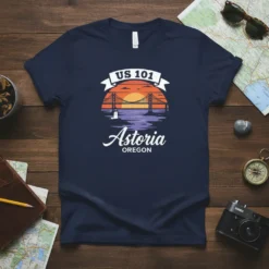 US 101 Astoria Oregon t-shirt featuring a bridge at sunset over water, with lighthouse graphic and text
