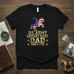 US Army Cavalry Scout Dad Since 1775 t-shirt featuring American flag horse rider graphic and military camouflage text