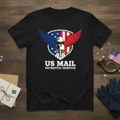 US Mail Patriotic Service t-shirt design with eagle and mailbox graphic, red white blue stars and stripes, bold text