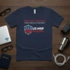 Navy blue t-shirt with "Nationwide Network of Trusted, Vetted, and Verified MSPs. US MSP NETWORK" text and shield logo