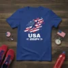 USA 2024 runner graphic on a blue t-shirt with American flag elements, text "USA 2024"