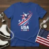USA 2026 figure skating t-shirt design with patriotic red, white, and blue streaks and ice skaters