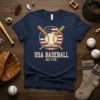 USA BASEBALL EST. 1776 t-shirt design with crossed baseball bats and American flag background
