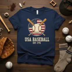 USA BASEBALL EST. 1776 t-shirt design with crossed baseball bats and American flag background