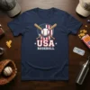 USA Baseball graphic with crossed bats and American flag on a navy t-shirt, perfect for sports fans