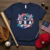 Navy t-shirt with USA Baseball Wings design featuring American flag elements and crossed baseball bats