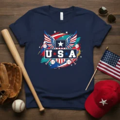 Navy t-shirt with USA Baseball Wings design featuring American flag elements and crossed baseball bats
