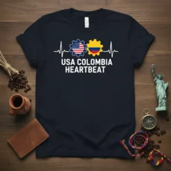 USA Colombia Heartbeat t-shirt with US and Colombian flag gears in a heartbeat EKG line