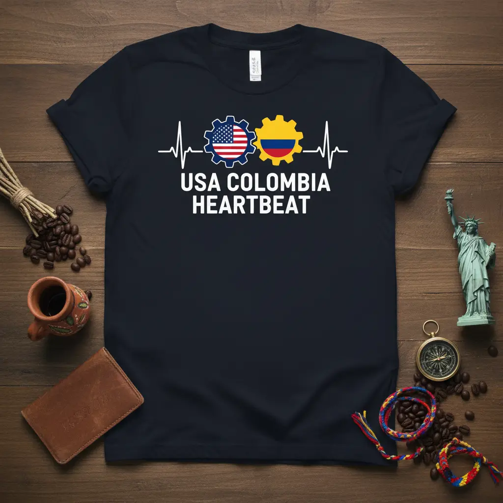 USA Colombia Heartbeat t-shirt design featuring dual flag gears and EKG line graphic
