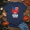 USA Crab T-Shirt with red crab against American flag, bold white text below