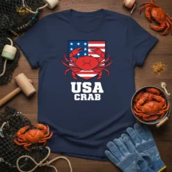 USA Crab T-Shirt with red crab against American flag, bold white text below