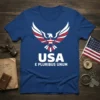 Blue t-shirt with USA E Pluribus Unum text and a red, white, and blue eagle graphic